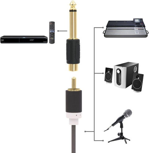 Audio Adapter 6.35mm Mono Male to RCA Female Cable Connector 6-Pack Compatible with Audio Equipment