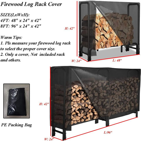 Firewood Log Rack Cover 4ft / 8ft Heavy Duty Waterproof Wood Pile Outdoor Patio Garden Fireplace Holder Fire Storage Covers (4FT: 48" x 24" 42")  4FT: 42"