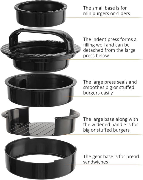 3-in-1 Hamburger and Hamburger Press - Hamburger Mold - Non-stick, Durable Patty Maker for Stuffed Burgers and Sliders - Easy to Clean - Black