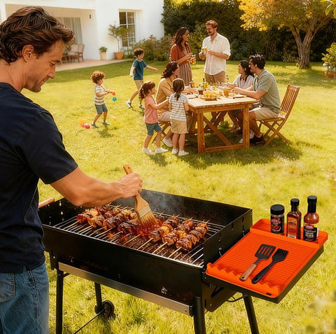 Silicone BBQ Grill Mat - 8-Slot Mat with Drip Tray - Heat-Resistant and Dishwasher-Safe - 40x27 cm - Black
