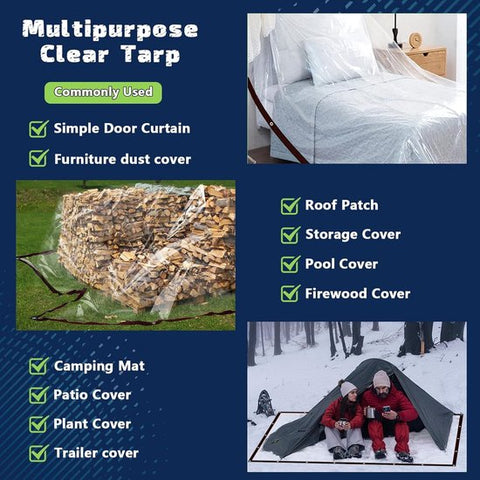 Waterproof Tarpaulin - Transparent - Durable tarpaulin with 10x10 eyelets, Large (Small) transparent tarpaulin for outdoor use - Suitable for camping/patio/fencing, chicken coop, garden plants, tear-resistant tarpaulin