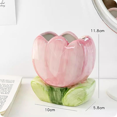 Storage Box - Cute Desk Ornaments - Ceramic Storage Bucket - Pink Tulip - 1 Pack