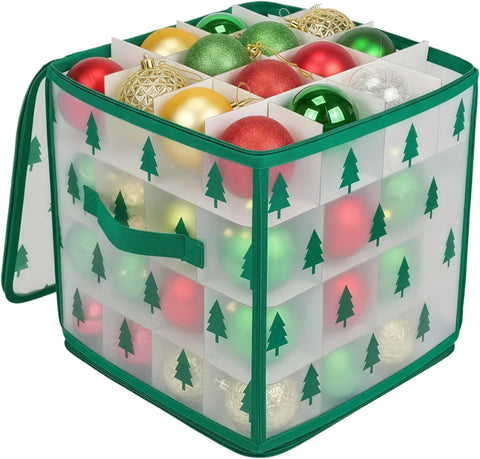Christmas Bauble Storage Box - Christmas Storage Box - Transparent Waterproof Moisture Proof - 30x30x30cm - Christmas Ornament Storage Box - Storage Box for 64 Christmas Baubles - Hard Plastic with Dividers - Christmas Decoration Storage