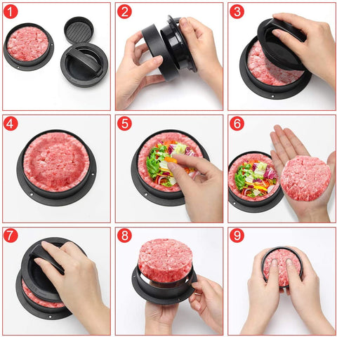 3 in 1 Burger Press Patty Maker,Plutput Hamburger Patty Maker Stuffed Burgers Press with 100p Burger Paper for BBQ Non-Stick Sliders Beef Burger Press (Black)