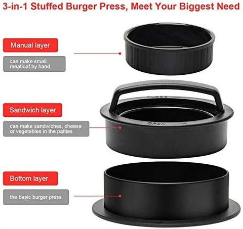 3 in 1 Burger Press Patty Maker,Plutput Hamburger Patty Maker Stuffed Burgers Press with 100p Burger Paper for BBQ Non-Stick Sliders Beef Burger Press (Black)