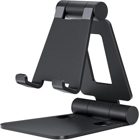 Dual Folding Cell Phone Stand, Fully Adjustable Foldable Desktop Phone Holder Cradle Dock Compatible with Phone 15 14 13 12 11 Pro Xs Xs Max Xr X 8, Nintendo Switch, All Phones-Black Silver