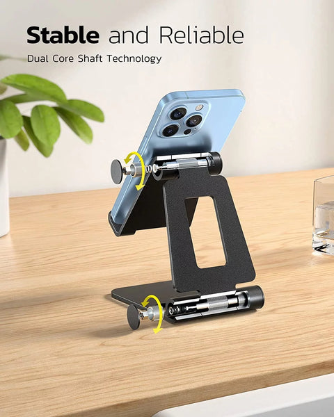 Dual Folding Cell Phone Stand, Fully Adjustable Foldable Desktop Phone Holder Cradle Dock Compatible with Phone 15 14 13 12 11 Pro Xs Xs Max Xr X 8, Nintendo Switch, All Phones-Black Silver
