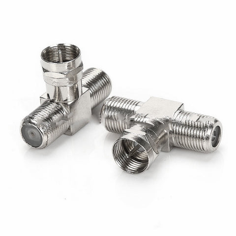 Cable Tv Connector F Tee Head One Two Female Inch Cable Is Connected To The Connector Silver