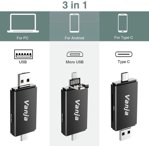 3 in 1 OTG Adapter Multi Function USB 2.0 Flash Drive for Phone External Storage Type-C/Micro USB Adapter for TF/SD Card Reader/Camera/Keyboard/Mouse/U Disk/Printer/Hub Compatible with i0S/Andriod