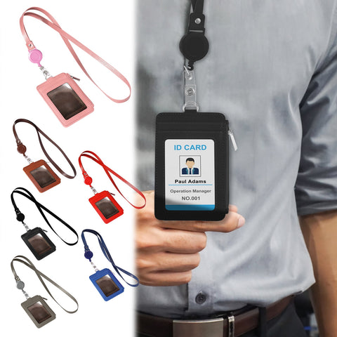 Slim PU Leather ID Badge Holder Wallet,with Zip, Neck Lanyard & Retractable Reel,ID Card Wallet, Badge Holder with Lanyard, PU Leather Badge Case, Retractable Badge Reel Holder(Red) Pink