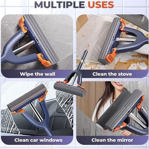 Sponge Mop with Roller Wringer Self Squeezing Floor Cleaner No Hand Contact Thickened Rubber Head for Tile Hardwood (37cm)
