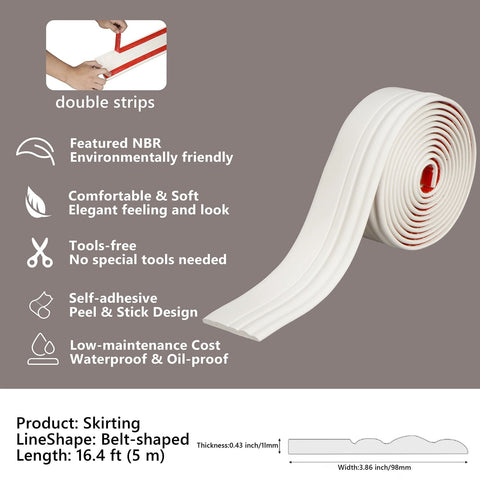 Flexible Wall Base Moulding Trim, Peel and Stick Rubber Baseboard Molding, 3.86 Inch x 16.4 Feet Self-Adhesive Vinyl Wall Base Cove Base (Creamy White) 3.86 Inch x 16.4 Feet White