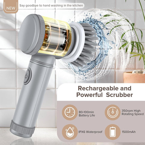 Electric Cleaning Brush - Spin Scrubber - Cordless Scrubbing Brush - Bathroom Cleaner - Power Scrubber - Tile Brush - Grout Brush - Kitchen Cleaning Tools - USB Rechargeable - Polishing Machine - With 5 Attachments - White - 1 Set