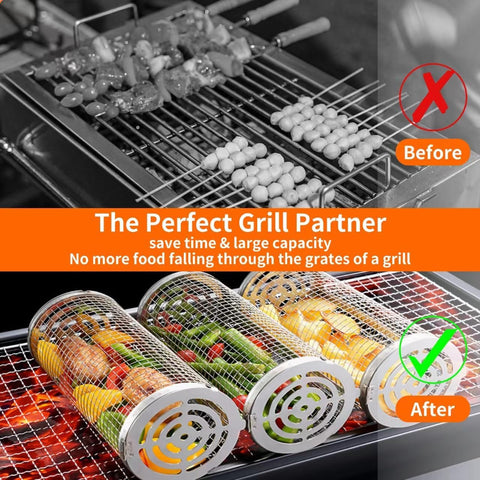 BBQ Grill Basket - Rotating Barbecue Basket - Stainless Steel Vegetable Basket - Fish Rack - Grill Basket - Barbecue Accessories - Cylinder Basket - BBQ Tool - With Oil Sprayer and Forks - Heat Resistant - Dishwasher Safe - Camping Cooking - Silver - 2 Pi