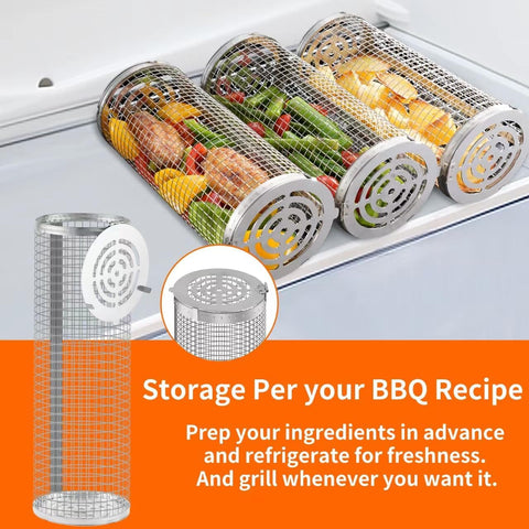 BBQ Grill Basket - Rotating Barbecue Basket - Stainless Steel Vegetable Basket - Fish Rack - Grill Basket - Barbecue Accessories - Cylinder Basket - BBQ Tool - With Oil Sprayer and Forks - Heat Resistant - Dishwasher Safe - Camping Cooking - Silver - 2 Pi