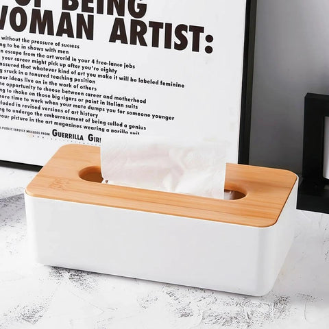 Tissue Box - Tissue Box - Tissue Holder - Tissue Box - Bamboo Lid - White - Tissue Holder - Bathroom Accessories - Toilet Organizer - Living Room Decoration - Rectangular - 1 piece