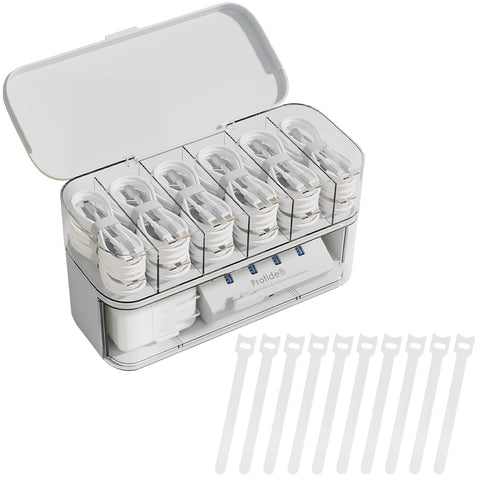 Cable organizer - Charger organizer - Cable box - Desk organizer - Storage box with compartments - Office supplies - Cable management - Electronic accessories - Including 10 pcs Cable ties - Sorting box - Storage tray - White - 1 piece