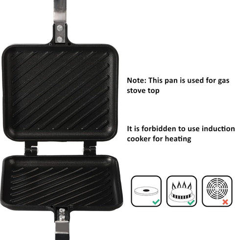 Sandwich Iron - Sandwich Maker - Grill Pan - Camping Sandwich Iron - Panini Grill - Frying Pan - Gas Stove Pan - Double-Sided Pan - Non-Stick Coating - Sandwich Clamp - Manual Toaster - Toaster - Breakfast Making - Kitchen - Black - 1 Piece
