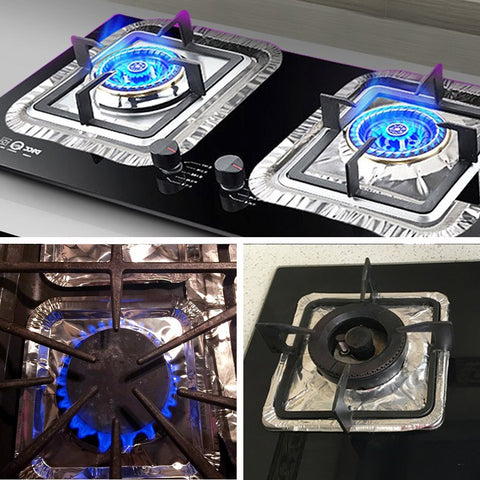Gas stove protectors - Gas burner protectors - Aluminum foil gas stove - Gas stove foil - Kitchen accessories - Protective film - Extra thick - Universal - Cut to size - Square - Silver - 50 pieces