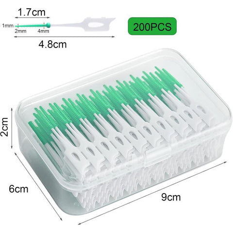 200 Pcs Interdental Floss Sticks Soft Silicone Toothbrush Green