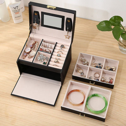 Jewelry Box 3 Layer Faux Leather Makeup Case with 2 Drawers Black