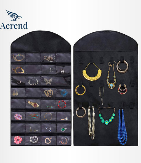Aerend - Jewelry organizer - Double-sided hanging and transparent jewelry stand - Storage accessories - Over-the-door storage bag in black - For necklaces, earrings, sunglasses, rings, makeup