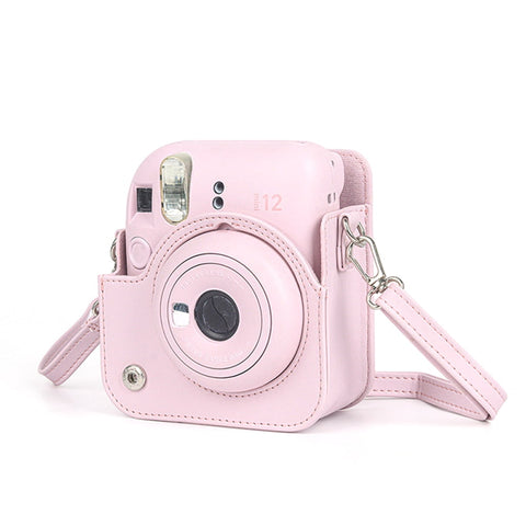 For Instax Mini 12 Camera Case PU Leather Soft Silicone Cover Bag for Fujifilm Polaroid Film Camera Bag w/Shoulder Strap Hydrangea blue