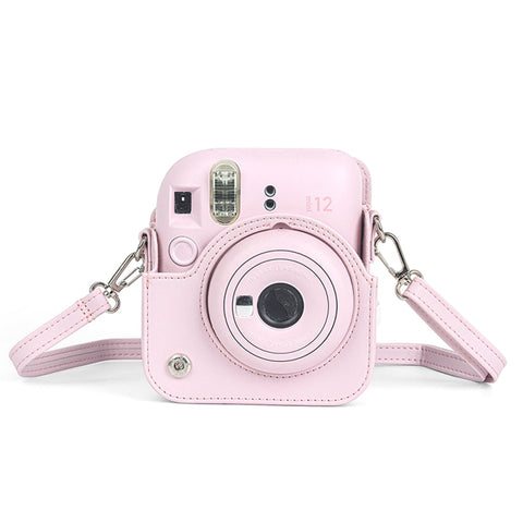 For Instax Mini 12 Camera Case PU Leather Soft Silicone Cover Bag for Fujifilm Polaroid Film Camera Bag w/Shoulder Strap Jasmine white