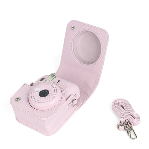 For Instax Mini 12 Camera Case PU Leather Soft Silicone Cover Bag for Fujifilm Polaroid Film Camera Bag w/Shoulder Strap Jasmine white