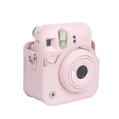 For Instax Mini 12 Camera Case PU Leather Soft Silicone Cover Bag for Fujifilm Polaroid Film Camera Bag w/Shoulder Strap Jasmine white