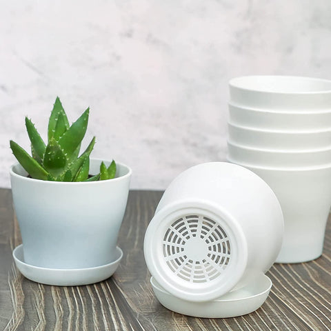 Pots for Plants, 8 Pack 4 inch Plastic Planters with Multiple Drainage Holes and Trays - Plant Pots for All Home Garden Flowers Succulents (White) 4inch-White