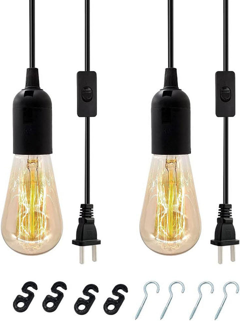 Plug in Hanging Light Kit, Retro Hanging Lights with Plug in Cord, E26 E27 Industrial Pendant Light Fixture, 5.9 FT Cord with On/Off Switch Hanging Lamp for Living Room Bedroom 2 Pack Black