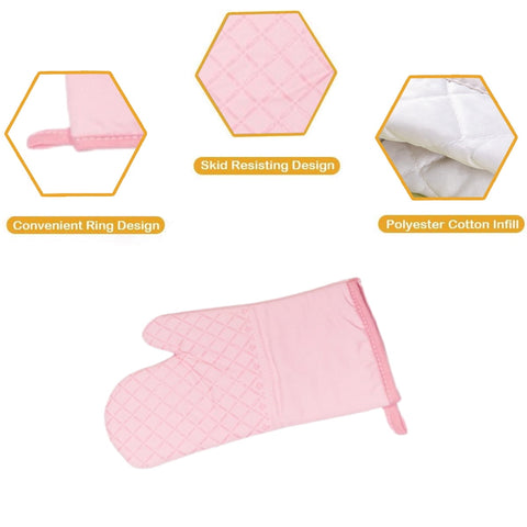 Oven Mitts and Pot Holders for Kitchen Heat Resistant - 4pcs Cotton Oven Gloves & Hot Pads with Non-Slip Silicone Grip Long Arm - Pink