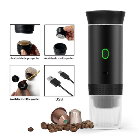 Portable Battery Coffee Maker Espresso Machine, Car Travel Coffee Mini Espresso Machines Self-Heating Electric Espresso Maker, USB-C 3-in-1 Ground Coffee