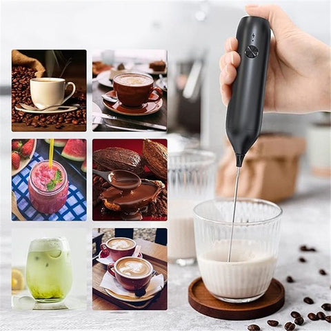 Rechargeable Milk Frother Handheld, Coffee Frother Wand Drink Mixer with Stainless Steel Whisk for Coffee, Cappuccino, Lattes, Frappe, Matcha and Hot Chocolate, Black