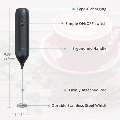 Rechargeable Milk Frother Handheld, Coffee Frother Wand Drink Mixer with Stainless Steel Whisk for Coffee, Cappuccino, Lattes, Frappe, Matcha and Hot Chocolate, Black