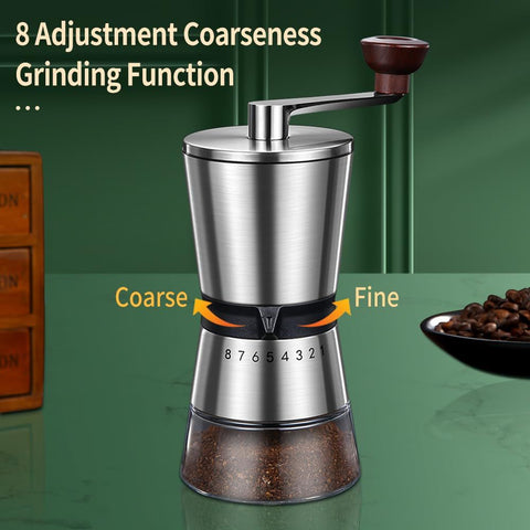Precision Manual Coffee Grinder Large Capacity for Home Use, 8 Adjustable Coarseness Setting, Ceramic Burr Hand Held Stainless Steel Espresso Bean Mill for Travel Camping, Easy to Clean15*8.5*21.5cm