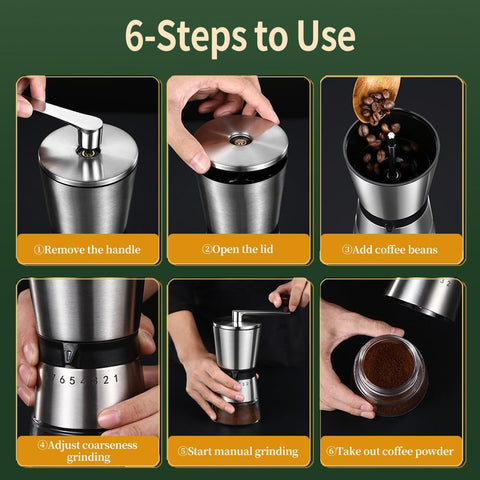Precision Manual Coffee Grinder Large Capacity for Home Use, 8 Adjustable Coarseness Setting, Ceramic Burr Hand Held Stainless Steel Espresso Bean Mill for Travel Camping, Easy to Clean15*8.5*21.5cm