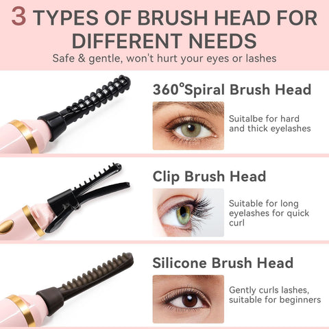 360° Heated Lash Brush Rechargeable with 3 Brush Heads & 3 Temp & 5s Fast Heating【Lengthen/Define/Curler】 3-in-1 Lash Curler for All Types of Lashes 【pink】