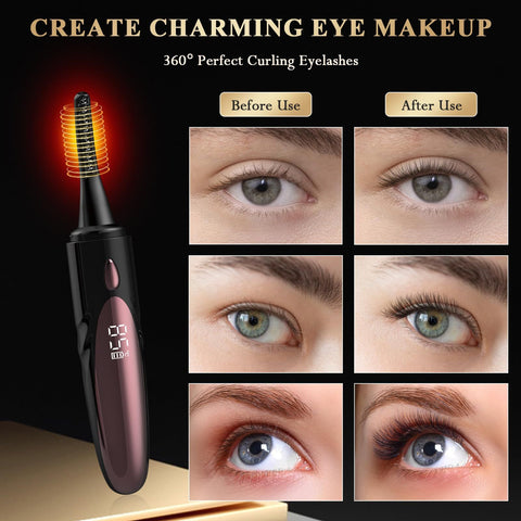 Heated Eyelash Curler Heated Lash Curler 24 Hours Long Lasting Electric Eyelash Curler Fast Heat Up Within 10s Heat Eye lash curlers for Women Rechargeable （Black silicone head）