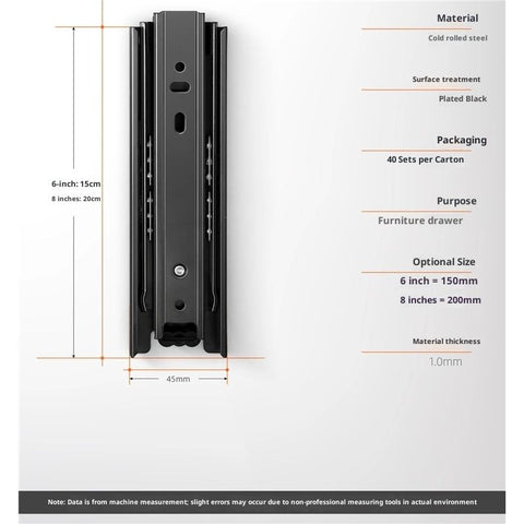 2 Pairs 8+6 Inch Full Extension Less Noise Drawer Slides all Bearing Side Mounted Drawer Slider Heavy Duty Drawer Slides, Black