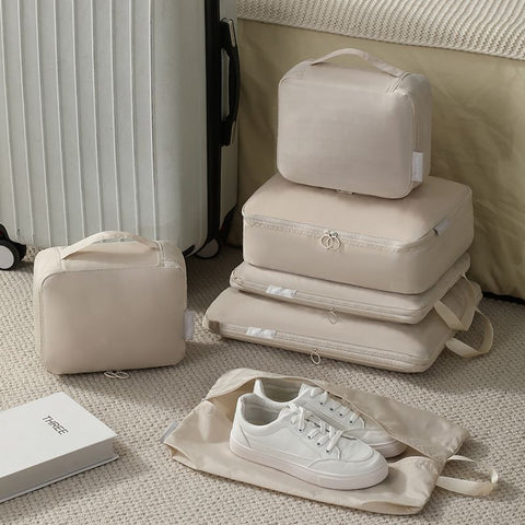 Compression Packing Cubes for Travel - Luggage Organizer Bags - Double Zipper Packing Cubes for Suitcases (6-Pack, Beige)