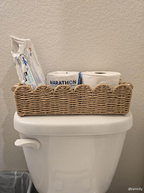 Toilet Paper Storage Basket  Edge Home Decor Basket, Living Room Cozy Decor, Paper Rope Small Baskets for Over Toilet Storage Shelf, End Table, Shelves, with 2 Wooden Handles, Brown 30*12.5*7.5cm，The packaging only includes one paper basket