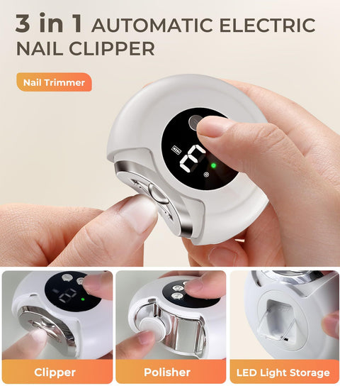 New 3-in-1 Electric Nail Clippers,360° Rotation, 3-Speeds, Polishing Automatic Nail Trimmer with Nail Chip Storage &  Light, Rechargeable Safety Trimmer for Women, Men, Baby, Seniors8.8*8.5*3.7cm
