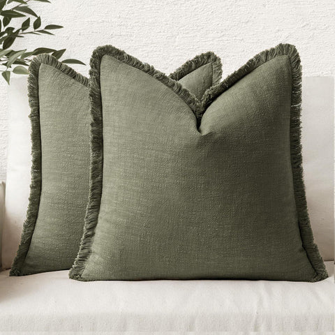 Set of 2 Decorative Linen Fringe Throw Pillow Covers Cozy Boho Farmhouse Cushion Cover with Tassels Soft Accent Pillowcase for Couch Sofa Bed Living Room Home Decor,20×20 Inch,Olive Green（The packaging only includes two pillowcases and does not include th
