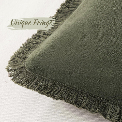 Set of 2 Decorative Linen Fringe Throw Pillow Covers Cozy Boho Farmhouse Cushion Cover with Tassels Soft Accent Pillowcase for Couch Sofa Bed Living Room Home Decor,20×20 Inch,Olive Green（The packaging only includes two pillowcases and does not include th