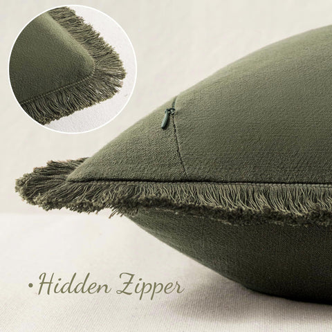 Set of 2 Decorative Linen Fringe Throw Pillow Covers Cozy Boho Farmhouse Cushion Cover with Tassels Soft Accent Pillowcase for Couch Sofa Bed Living Room Home Decor,20×20 Inch,Olive Green（The packaging only includes two pillowcases and does not include th