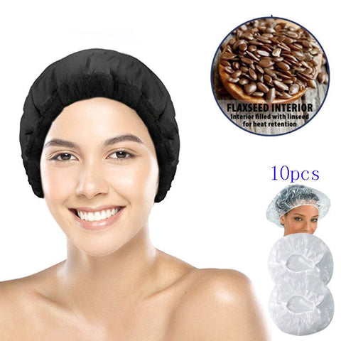 Flaxseed Deep Conditioning Heat Cap -Cordless Safe Microwave Hot Cap for Natural Curly Textured Hair Care, Drying, Styling, Curling, Universal size (10 PCS One-time shower cap) (Black)