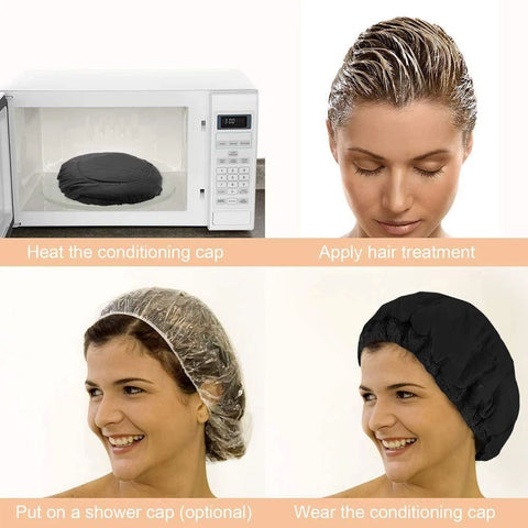 Flaxseed Deep Conditioning Heat Cap -Cordless Safe Microwave Hot Cap for Natural Curly Textured Hair Care, Drying, Styling, Curling, Universal size (10 PCS One-time shower cap) (Black)