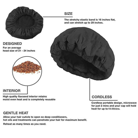 Flaxseed Deep Conditioning Heat Cap -Cordless Safe Microwave Hot Cap for Natural Curly Textured Hair Care, Drying, Styling, Curling, Universal size (10 PCS One-time shower cap) (Black)